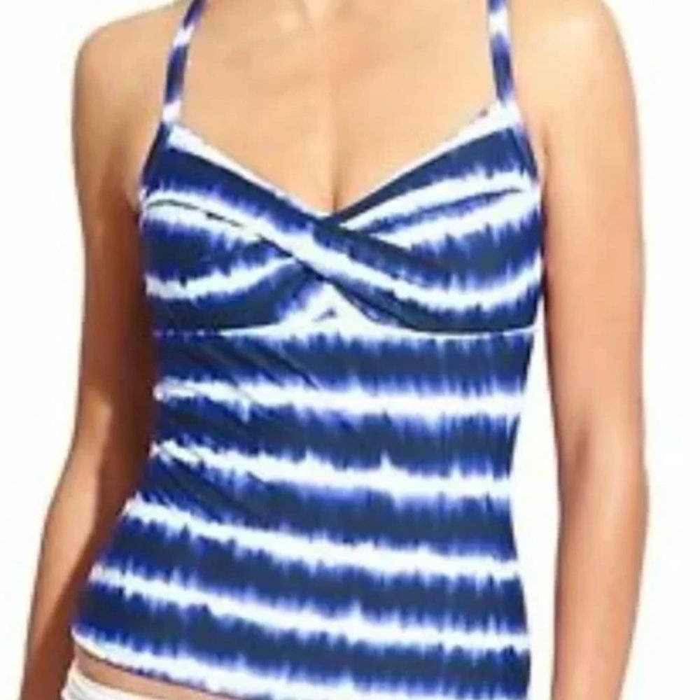 EUC Athleta Del Mar Twister Tankini Top Blue and white tie die,  32 B/C